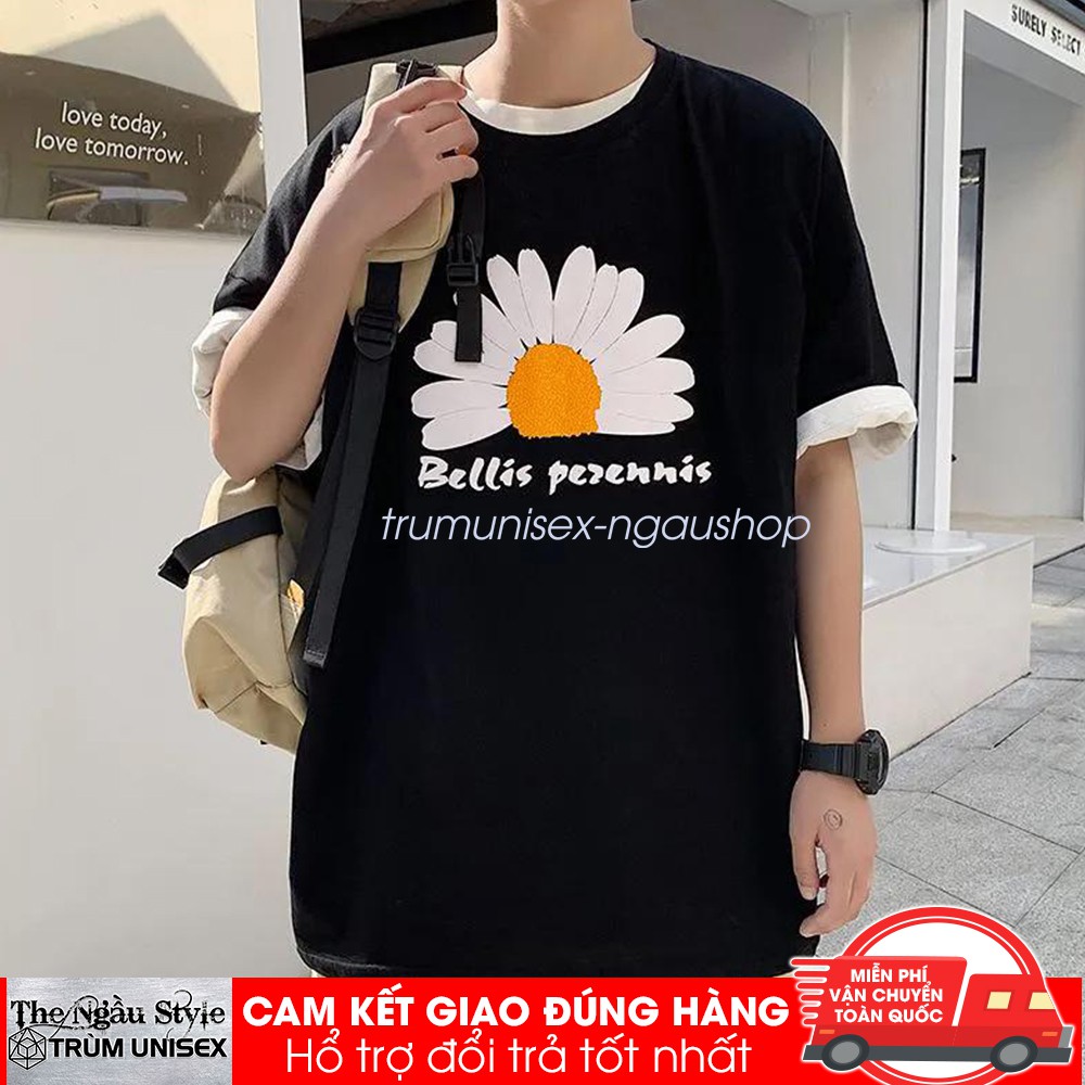 Áo thun Stee nam tay lỡ unisex form rộng overtee Hoa Cúc Bellis màu đen chất vải cotton xịn Ngaushop Trumunisex