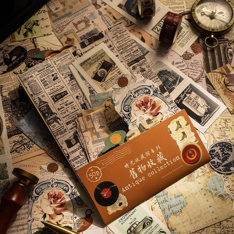 Set 50 tờ nhãn dán trang trí sổ tay diy phong cách retro