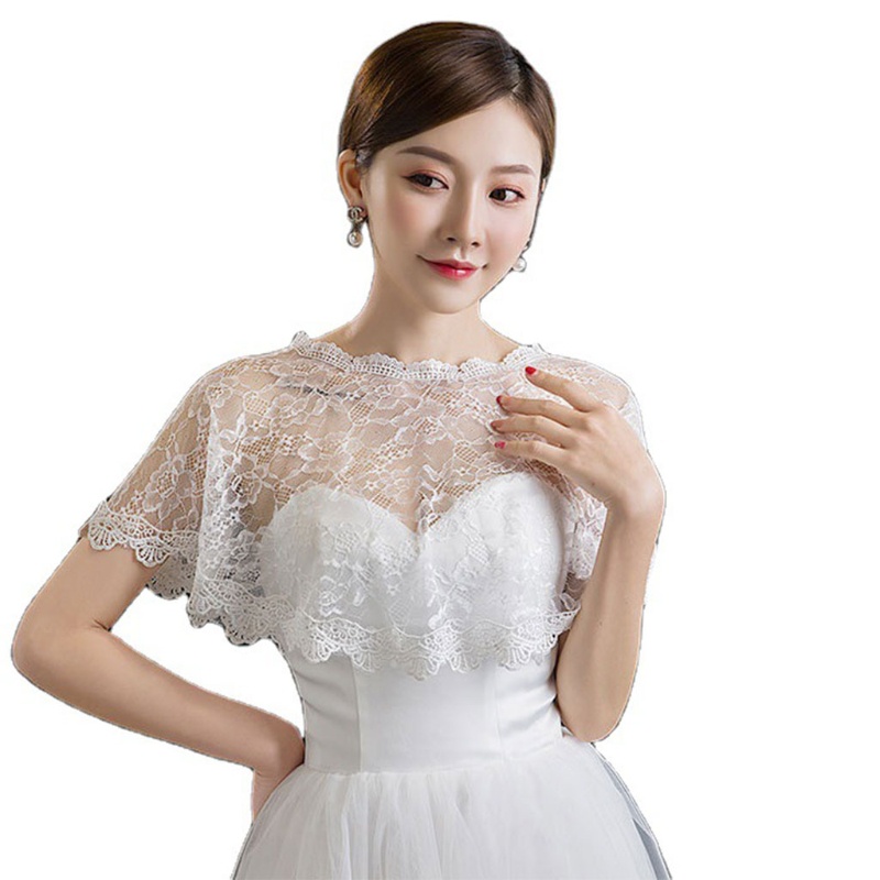 ❀❀Fine Khăn choàng che cổ tulle ren thêu hoa xuyên thấu nhún cao thấp trùm bolero cho cô dâu đám cưới