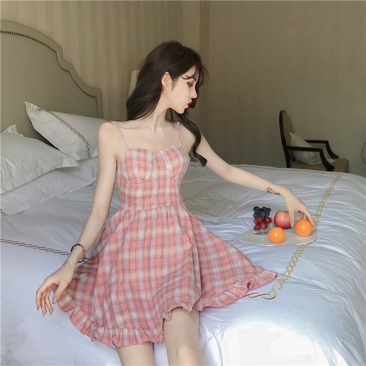 COZOK Đầm Hai Dây Hở Lưng Họa Tiết Sọc Caro Xinh Xắn
