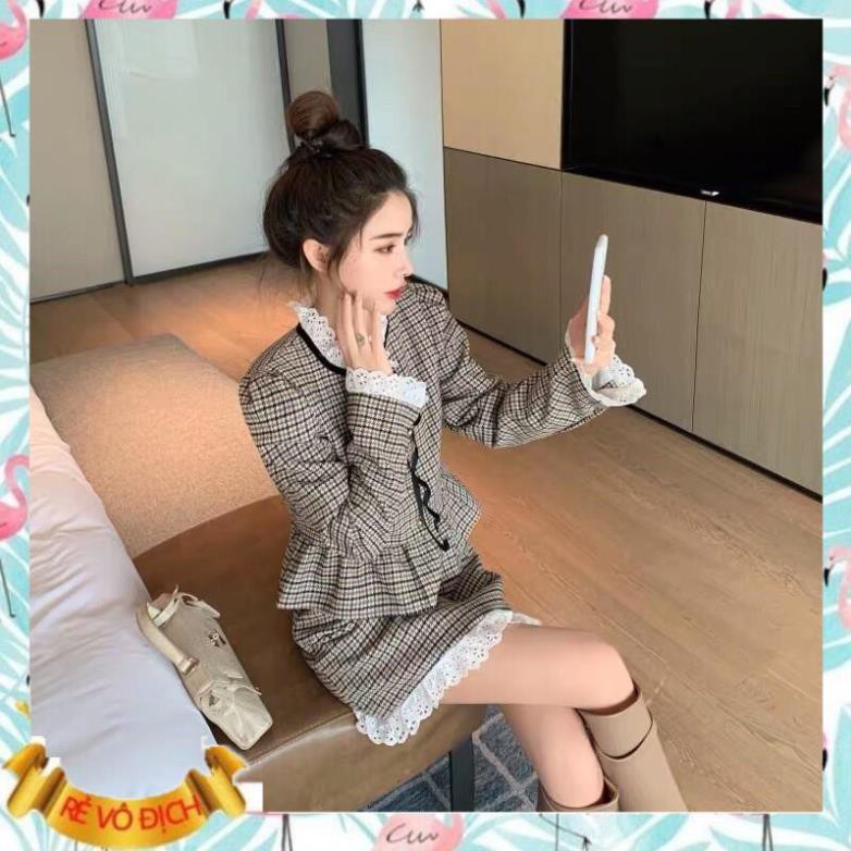 SIÊU RẺ Set áo váy peplum bèo tầng nhỏ tiểu thư vintage caro bèo ren