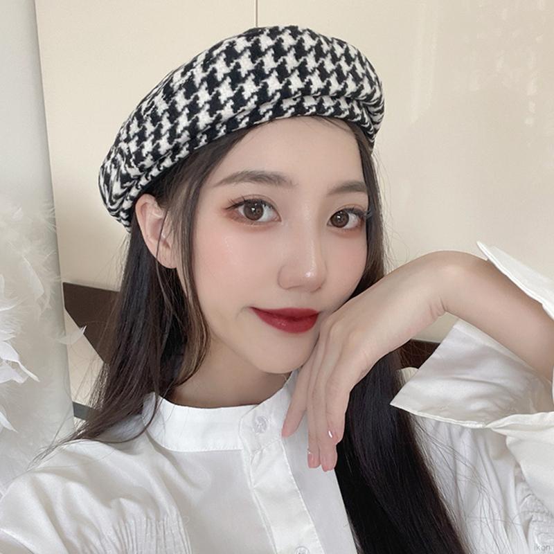 Mũ nồi họa sĩ co giãn in họa tiết Houndstooth Pháp cho nữ
