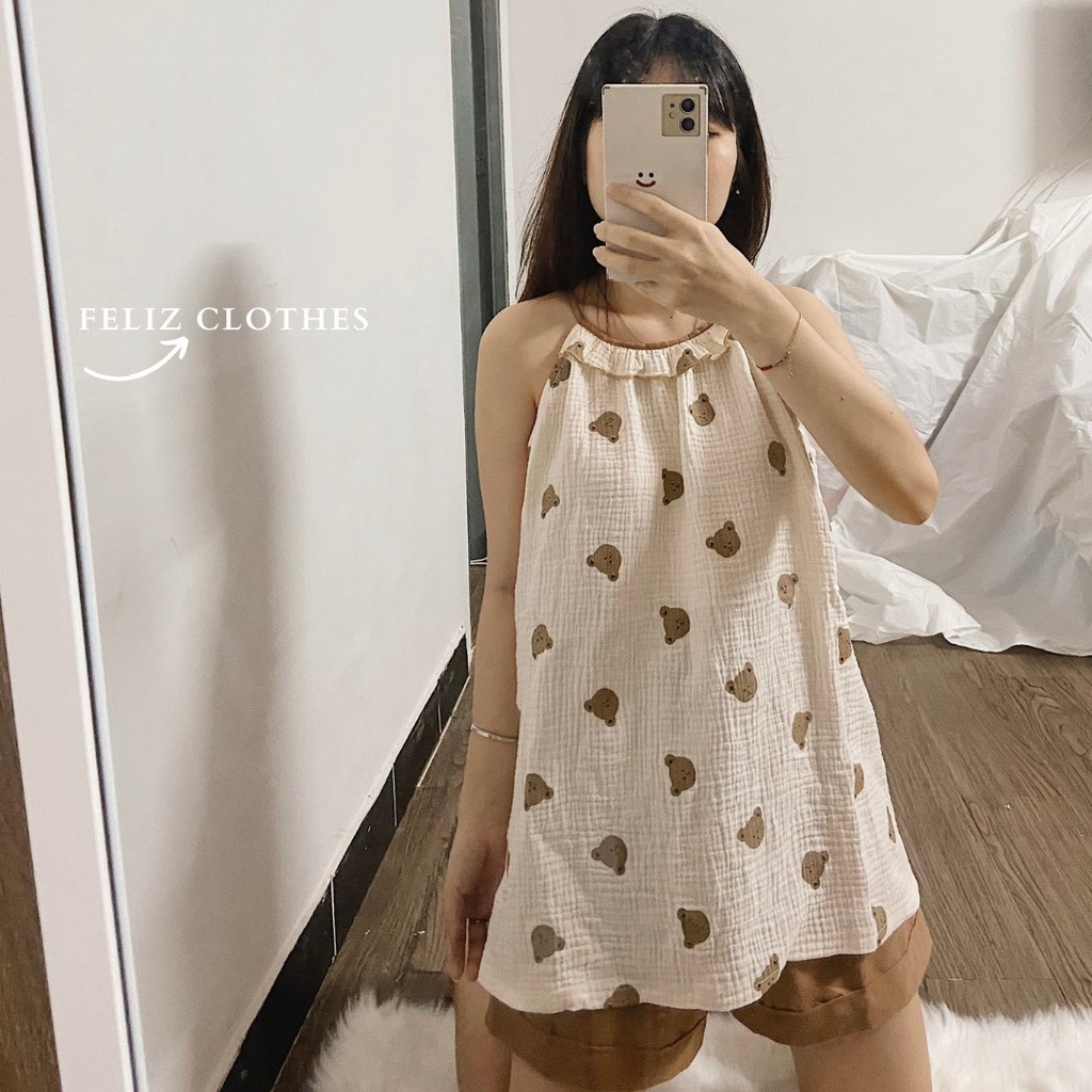 [Feliz.Clothes] Bộ áo ngủ hai dây hình gấu cực đáng yêu | BigBuy360 - bigbuy360.vn