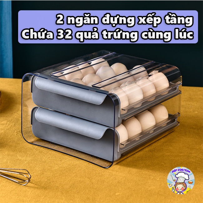 Hộp Đựng Trứng Tủ Lạnh Hai Tầng 32 Ô Tiện Dụng Tích Hợp Khay Trượt Đựng Trứng gà Phong Cách Nhật Bản