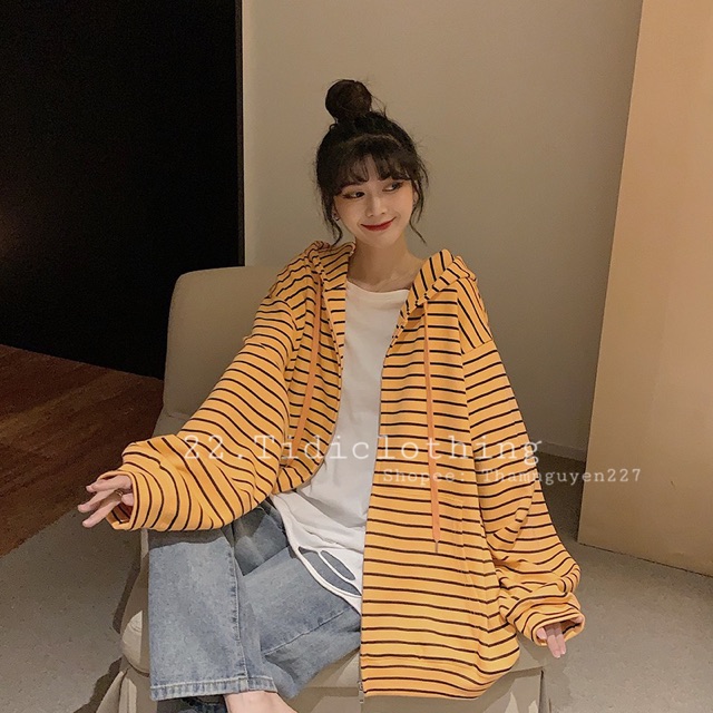 ORDER Áo khoác ulzzang kẻ ngang form rộng oversize có nón to / áo khoác kẻ sọc ngang hoodie tay dài nón to ORDER taobao