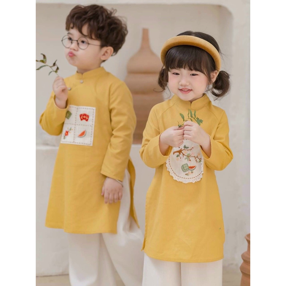 Kèm Quần Áo Dài Tết Cho Bé Áo Dài Cách Tân In Họa Tiết Ngộ Nghĩnh Bắt Mắt Chất Tơ Mềm Mịn Cao Cấp Thoáng Da Cho Bé