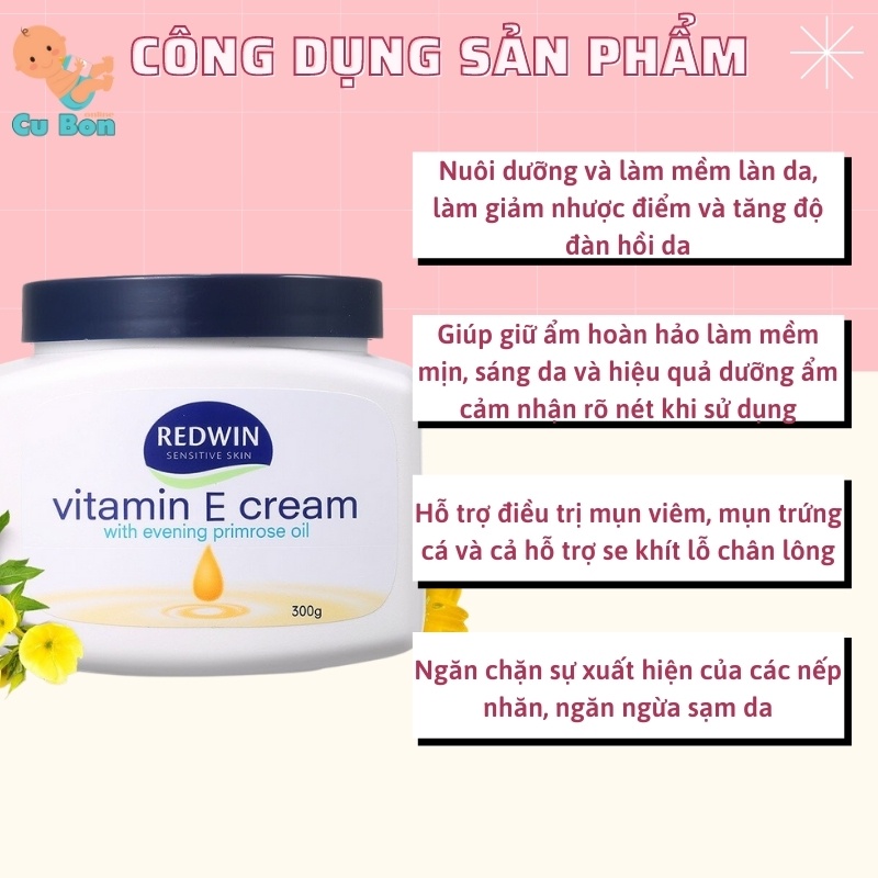 Kem dưỡng da mặt toàn thân REDWIN Vitamin E Cream 300g của úc giúp làn da trắng sáng mịn màng chăm sóc giữ ẩm tự nhiên