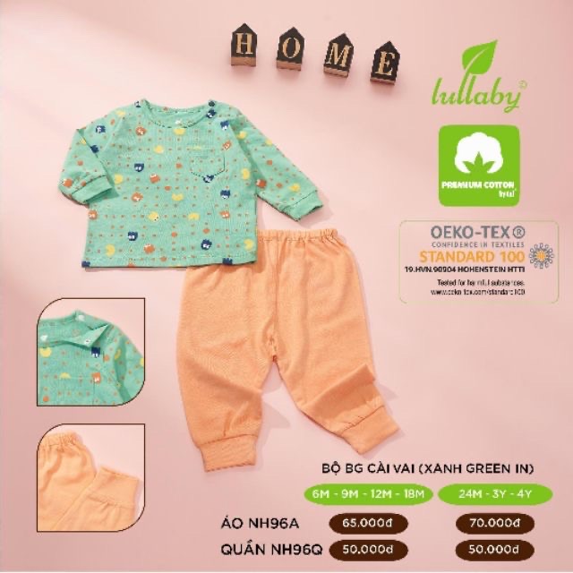 Bộ dài tay cài vai bé trai/gái cotton mỏng Lullaby