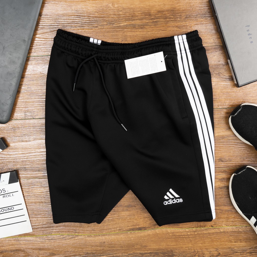 Quần đùi tập gym nam ba sọc logo adidas núi hai màu trắng đen chất liệu thun poly cực đẹp [ảnh thật]