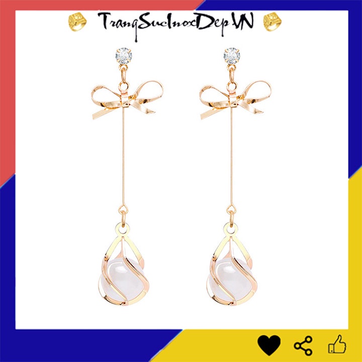 Bông tai nữ kiểu nơ màu vàng rớt đs mắt mèo phong cách Hàn Quốc dễ thương thích hợp đi dự tiệc, số lượng 1 đôi