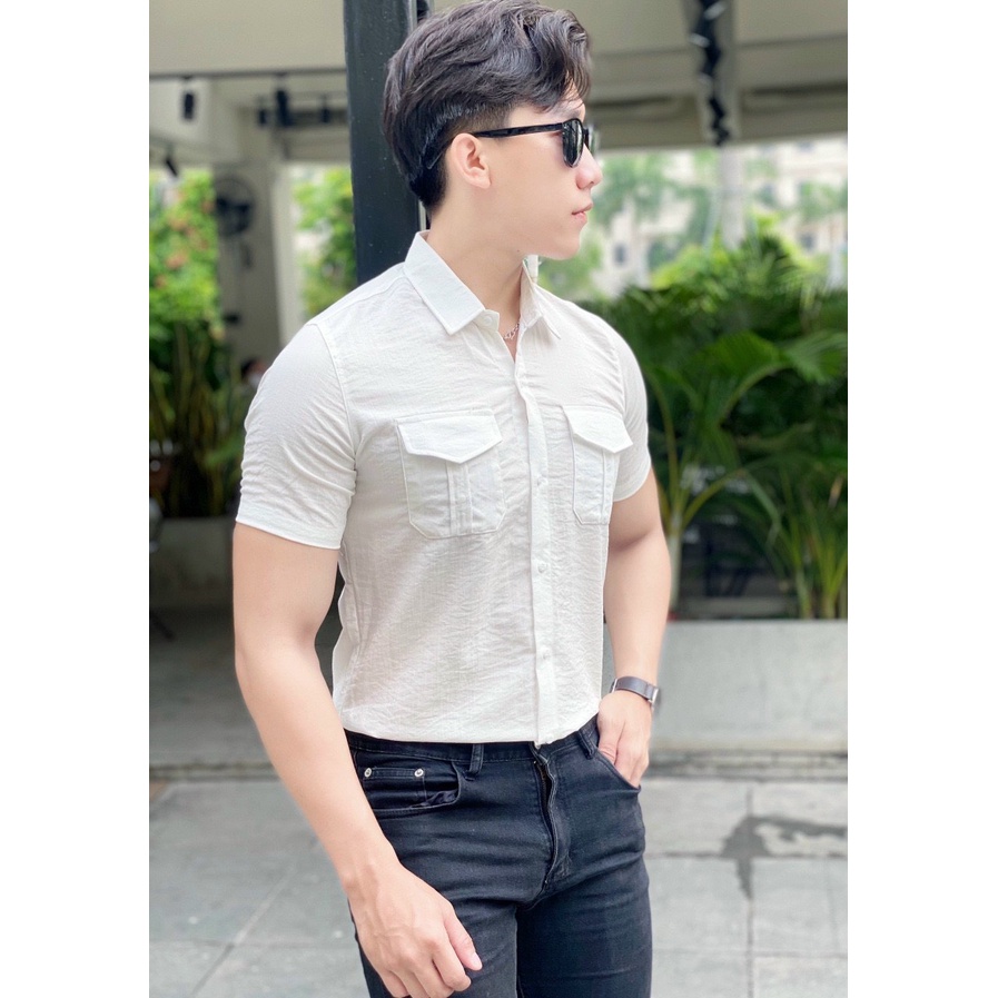 Áo sơ mi nam ngắn tay vải đũi cao cấp đơn sắc chuẩn, 2 túi dễ phối đồ chuẩn nam thần SORA STORE