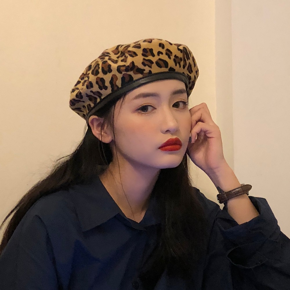 Mũ Beret Họa Tiết Da Báo Phong Cách Retro Thu Đông Cho Nữ