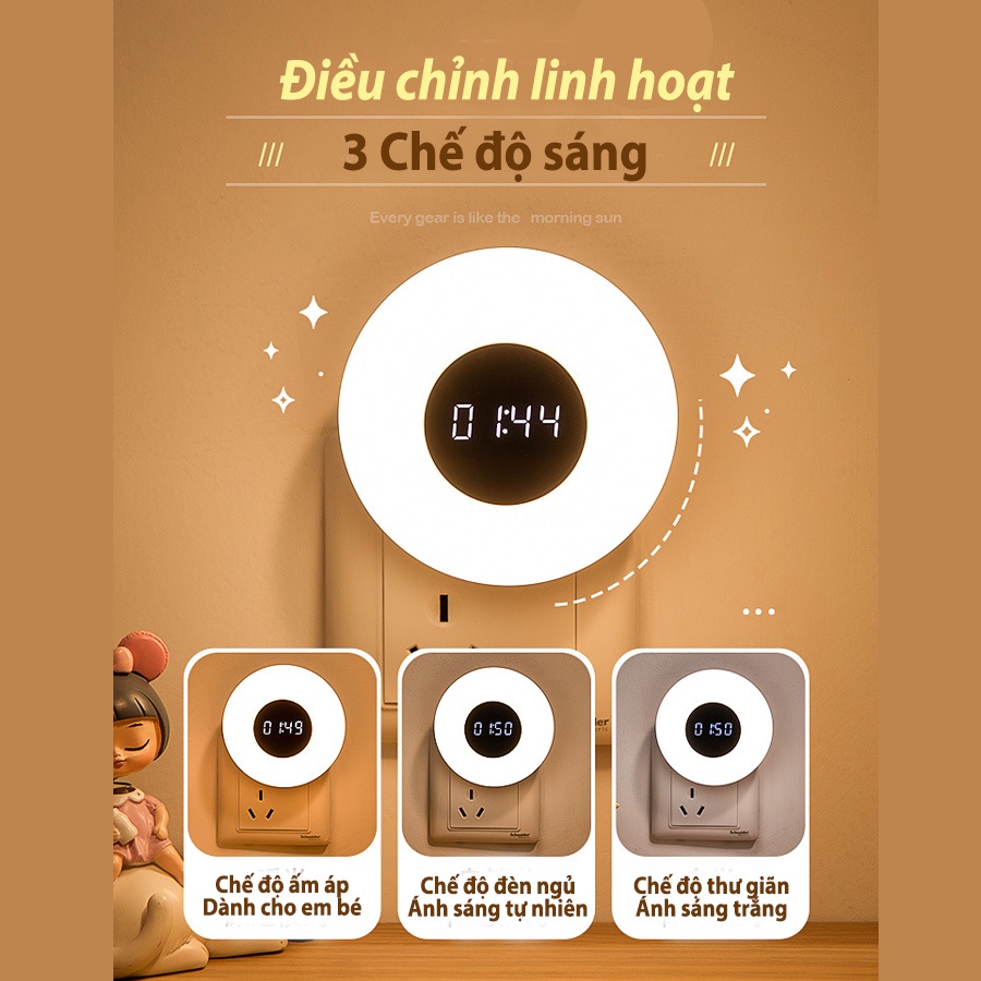 Đèn ngủ thông minh có đồng hồ trang trí phòng ngủ điều khiển từ xa đèn ngủ treo tường đèn phòng ngủ 3 màu