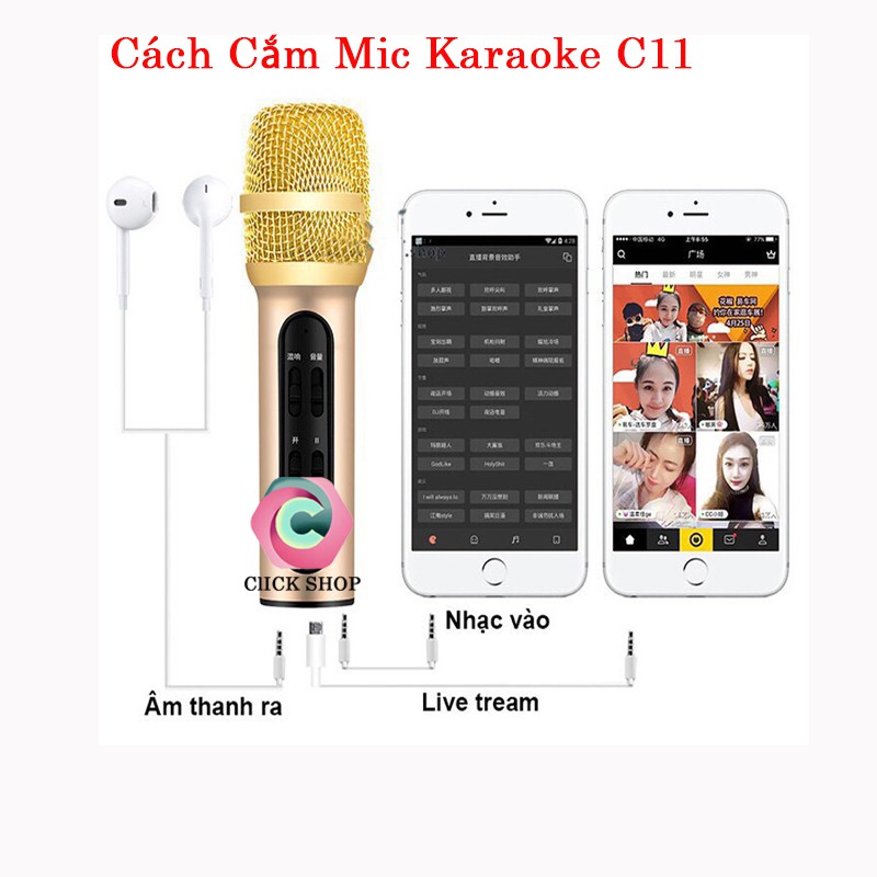 Mic Thu Âm C11 Nâng Cấp Tích Hợp 2 in 1 - Mic Livestream Có Pin và Tặng 1 Tai Nghe Nhỏ Gọn Tiện Khi Di Chuyển