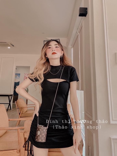 Váy thun body khoét ngực dây rút 2 bên, đầm ôm body nữ tính