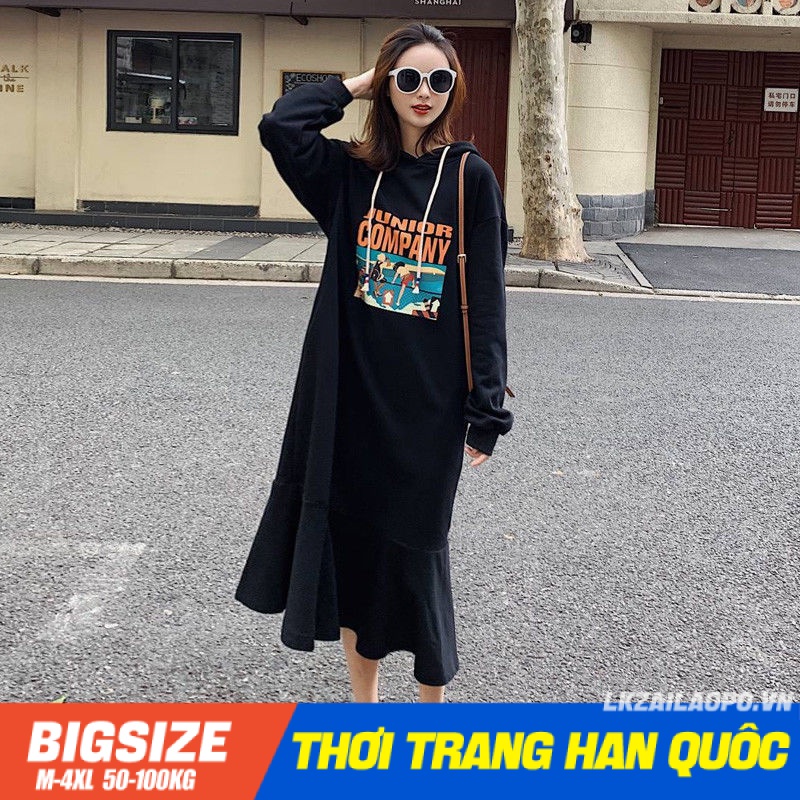 đầm nỉ hoodie Bigsize Váy bầu nữ dáng suông tay dài bánh bèo đen in hình mùa thu Phong cách Hàn Quốc Thời Trang cá tính xinh đẹp cho người mập béo nữ