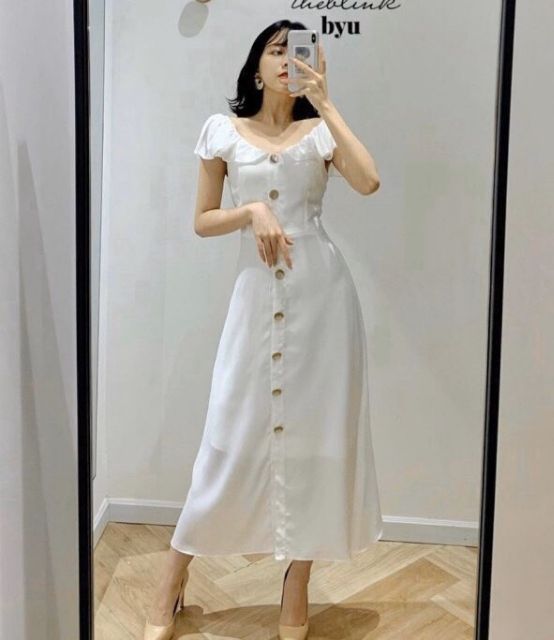 🌺DTB202192144 ĐẦM MIDI NÚT CỔ BÈO🌺