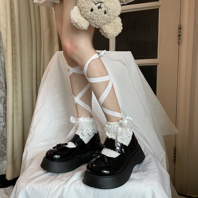 Vớ cotton cao đến đầu gối thắt nơ đan dây chéo màu trắng/đen phong cách lolita cho nữ