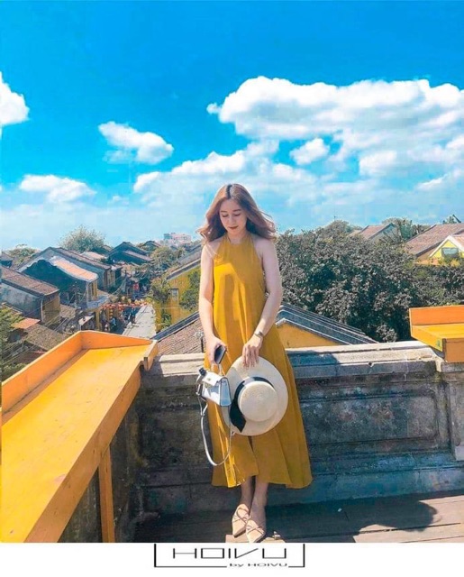 Đầm maxi đi biển cổ yếm buộc nơ dáng suông hai lớp có mút m30 | BigBuy360 - bigbuy360.vn