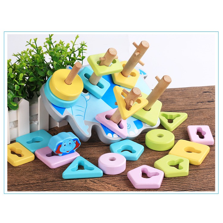 Đồ Chơi Montessori Bộ Thả Hình Khối 5 Cọc Zic Zac Hình Con Voi [Thông Minh]