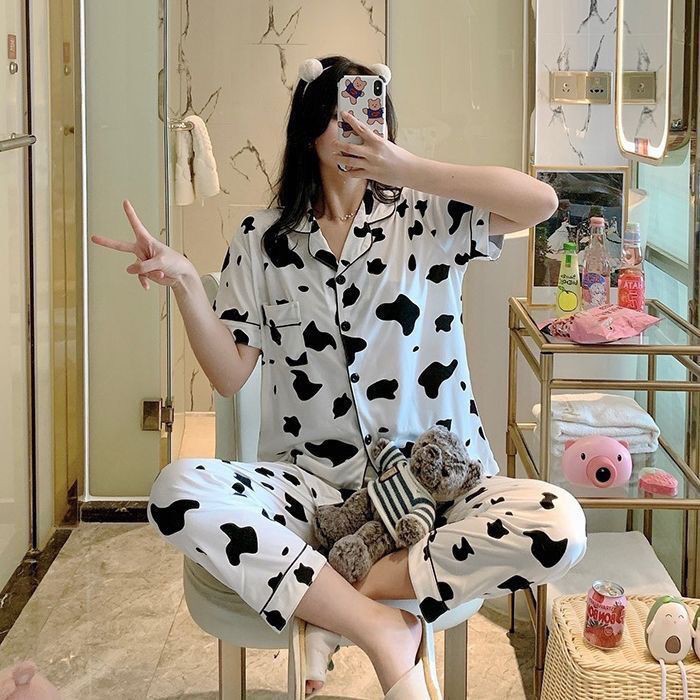 đồ ngủ✉✴net người nổi tiếng pyjama nữ quần dài tay ngắn mùa xuân và hè Kiểu dáng mỏng hoạt hình dễ thương Hàn Qu