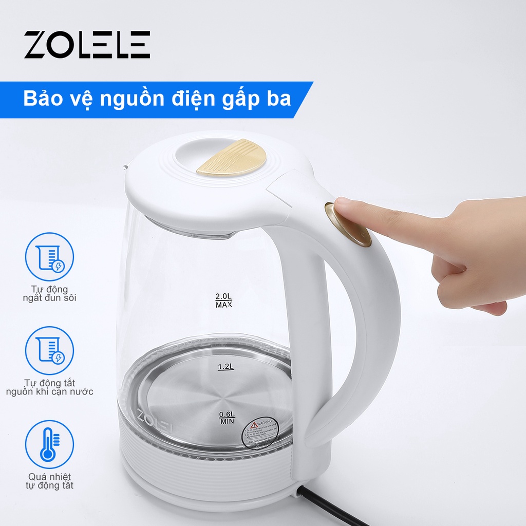 Ấm đun nước siêu tốc thủy tinh ZOLELE cách nhiệt thông minh ZH101 dung tích lớn 2L-1500W - Hàng chính hãng