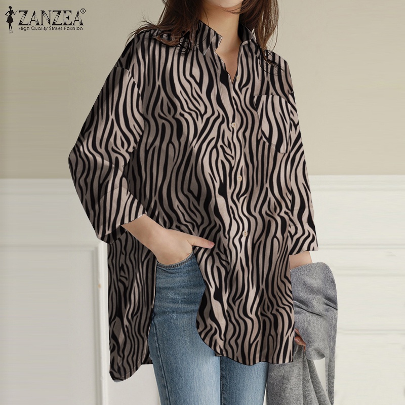 Áo ZANZEA tay dài cổ lật xuống dáng rộng in họa tiết cho nữ
