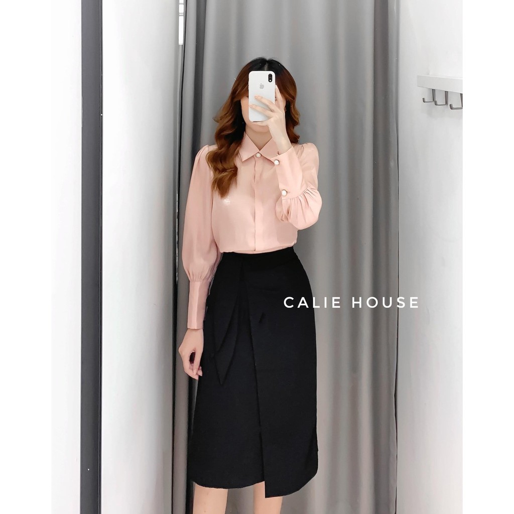 Áo sơ mi lụa kiểu công sở nữ tay bồng cổ và tay cúc ngọc to đẹp