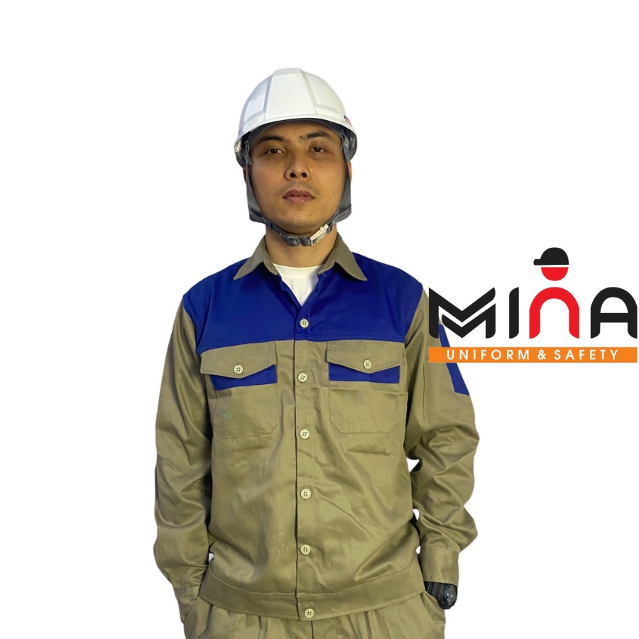 Quần Áo Bảo Hộ Lao Động - Bộ Ghi Nâu Phối Xanh - Vải Kaki 31 - Quần Túi Hộp