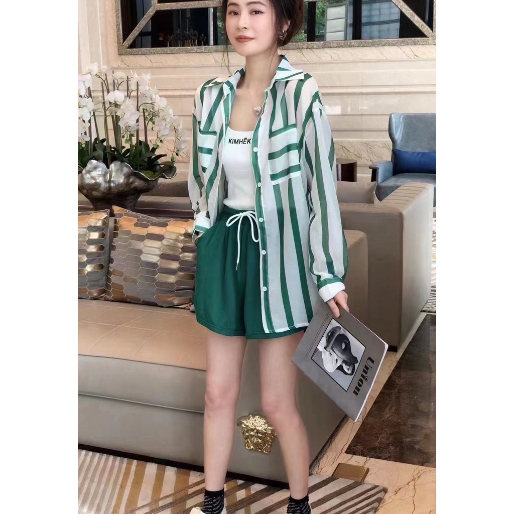 Áo Sơ Mi Tay Dài Kẻ Sọc Thời Trang Mùa Hè Cho Nữ