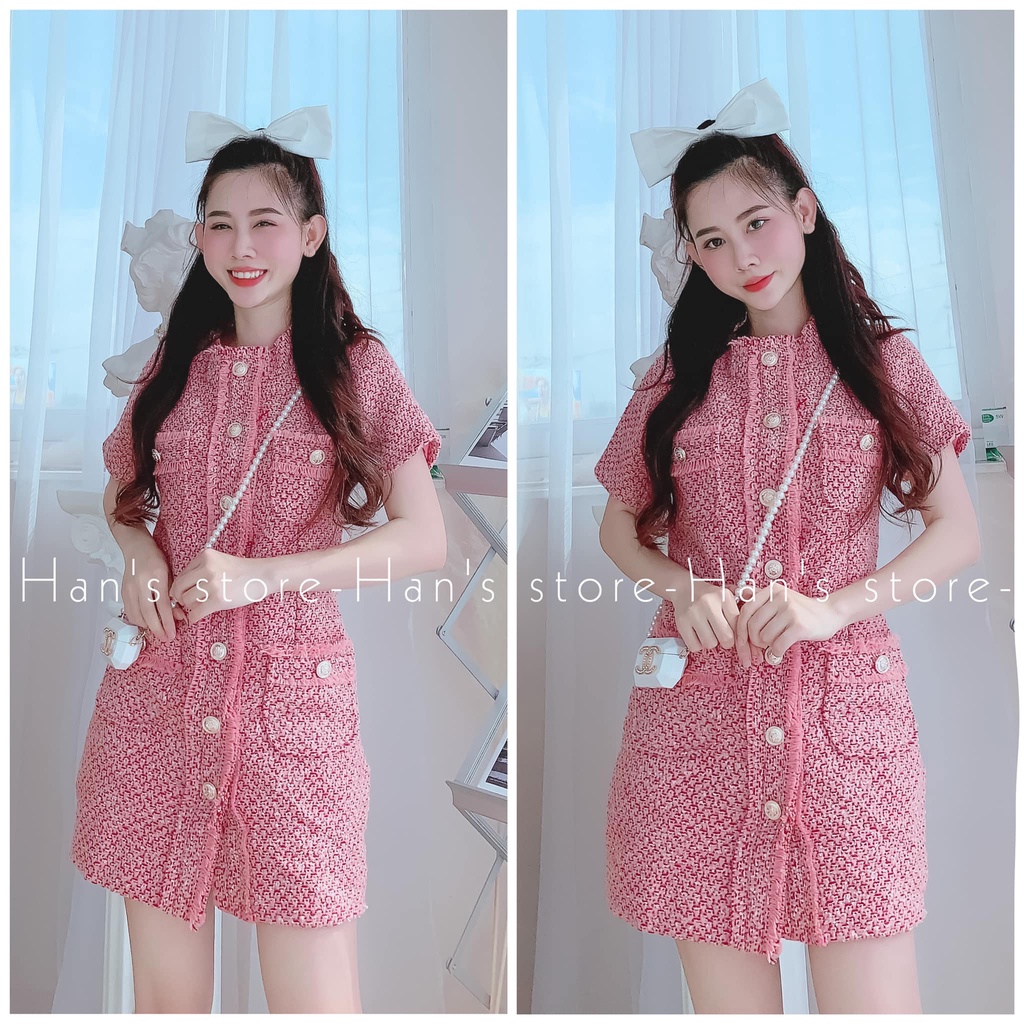 ĐẦM  TWEED PHỐI TUA HỒNG