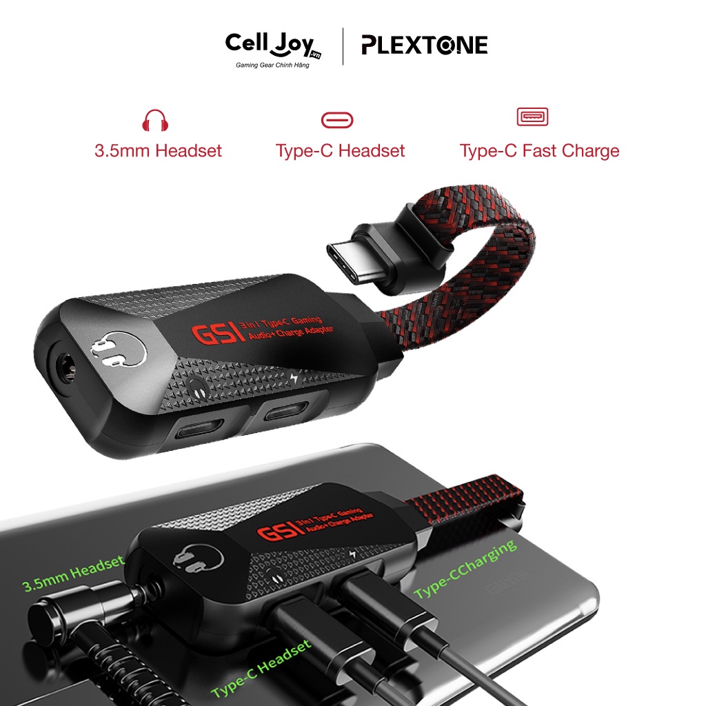 Cáp chia tai nghe hỗ trợ sạc nhanh 27W Type C to 3.5mm Sound Card Plextone GS1 3in1 Mark II cho điện thoại, tablets
