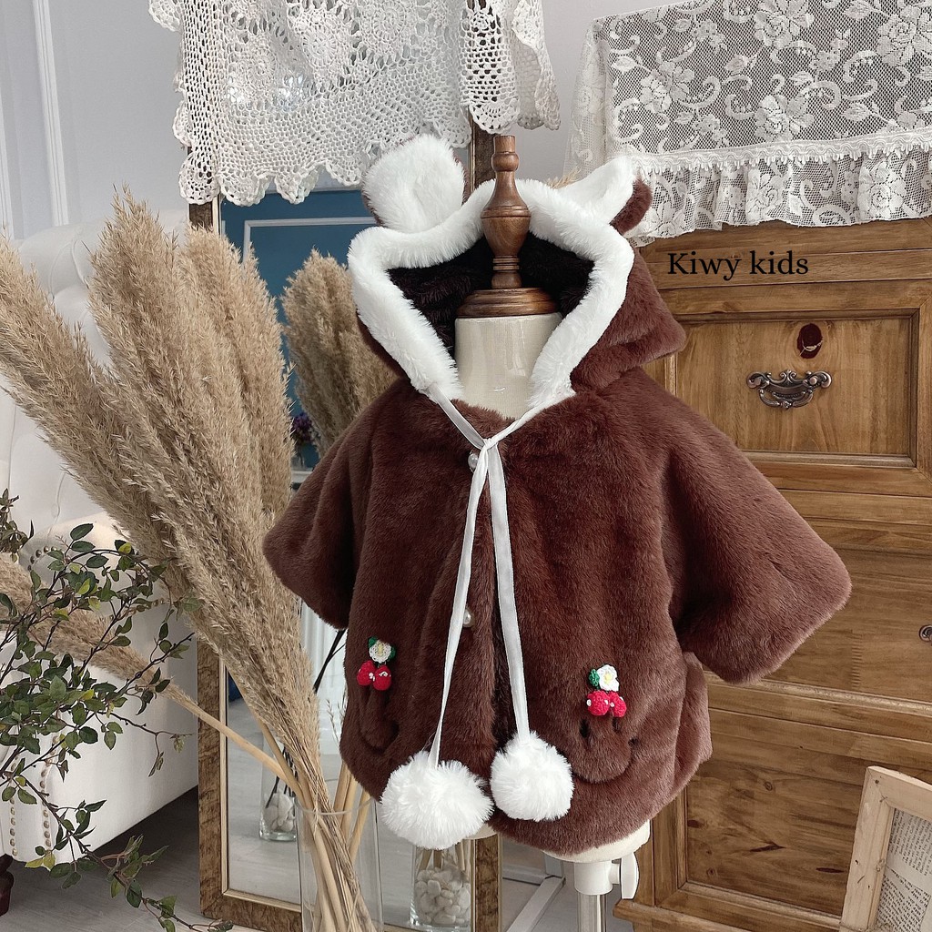 Áo khoác lông mềm KIWY KIDS43 đính quả cherry cho bé 8-18kg