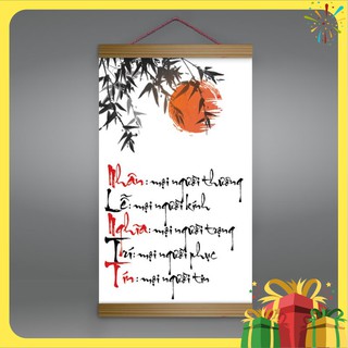 Tranh canvas thả nẹp gỗ chữ “Nhân – Lễ – Nghĩa- Trí -Tín” R3984