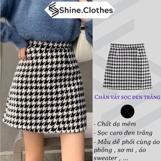 Chân váy dạ kẻ shine clothes đen trắng , chân váy dạ tweed chữ a dáng ngắn cá tính
