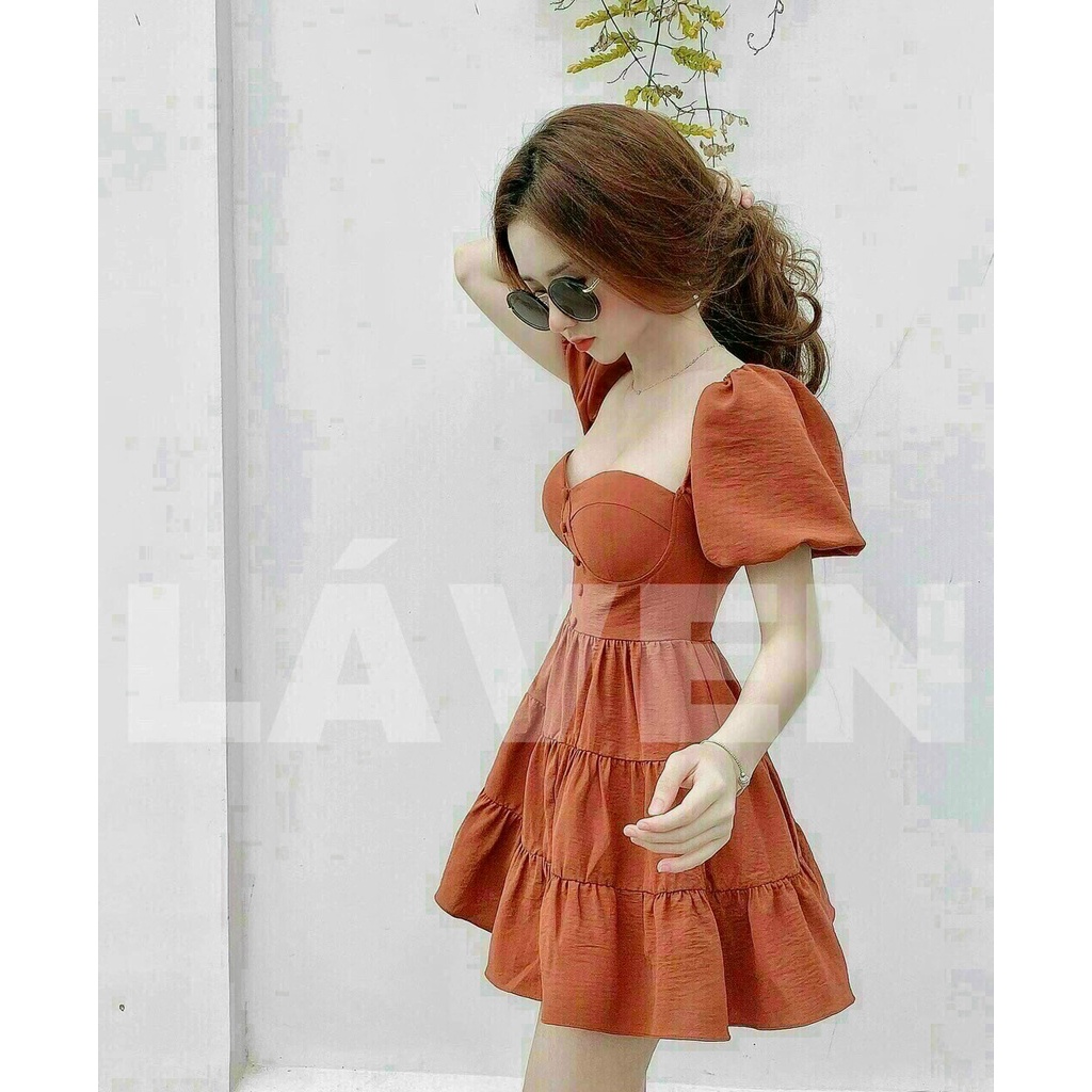 Đầm xòe nhún tầng tay phồng có mút ngực