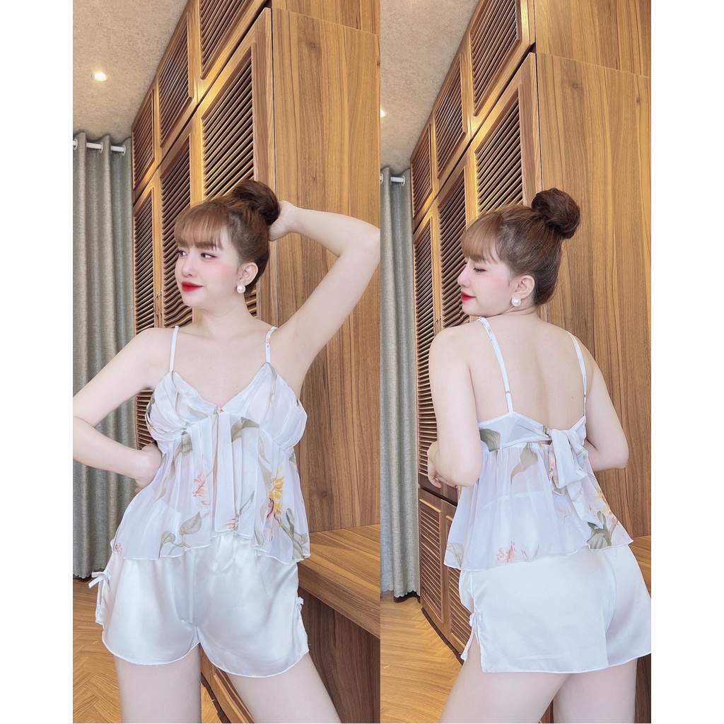 Váy Ngủ Nữ, Đồ Ngủ Sexy Nữ Bộ Satin Nhún Bèo Ngực Freesize Dưới 75kg