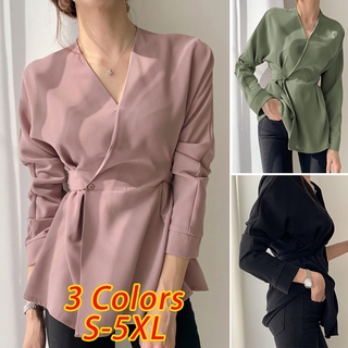 Áo sơ mi nữ tay dài cổ chữ v form rộng zanzea