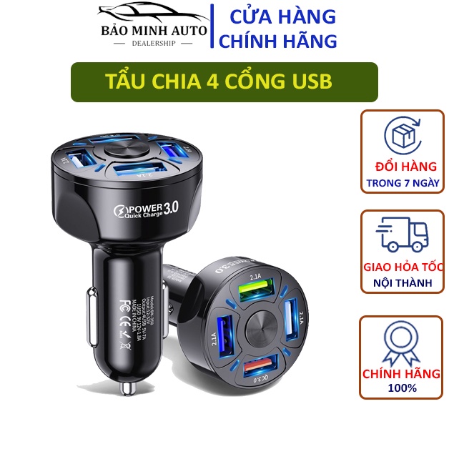 [Mã LIFEAUMAY giảm 10% tối đa 30k đơn 150k] Tẩu Sạc Ô Tô 4 Cổng USB (Có 1 Cổng Quick Sạc Nhanh 3.0) - Tiện Lợi