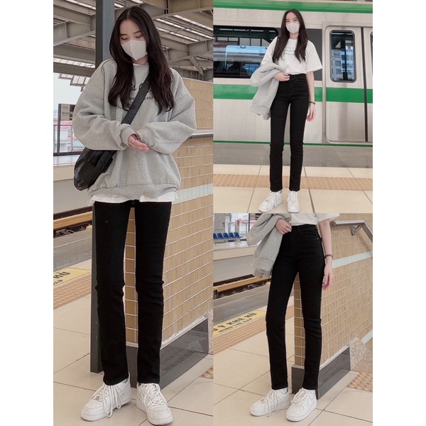 2101359 Quần jeans nữ ulzzang chất jeans mềm co giãn tốt dáng ôm loe nhẹ ống đứng 2 màu đen, xanh có size
