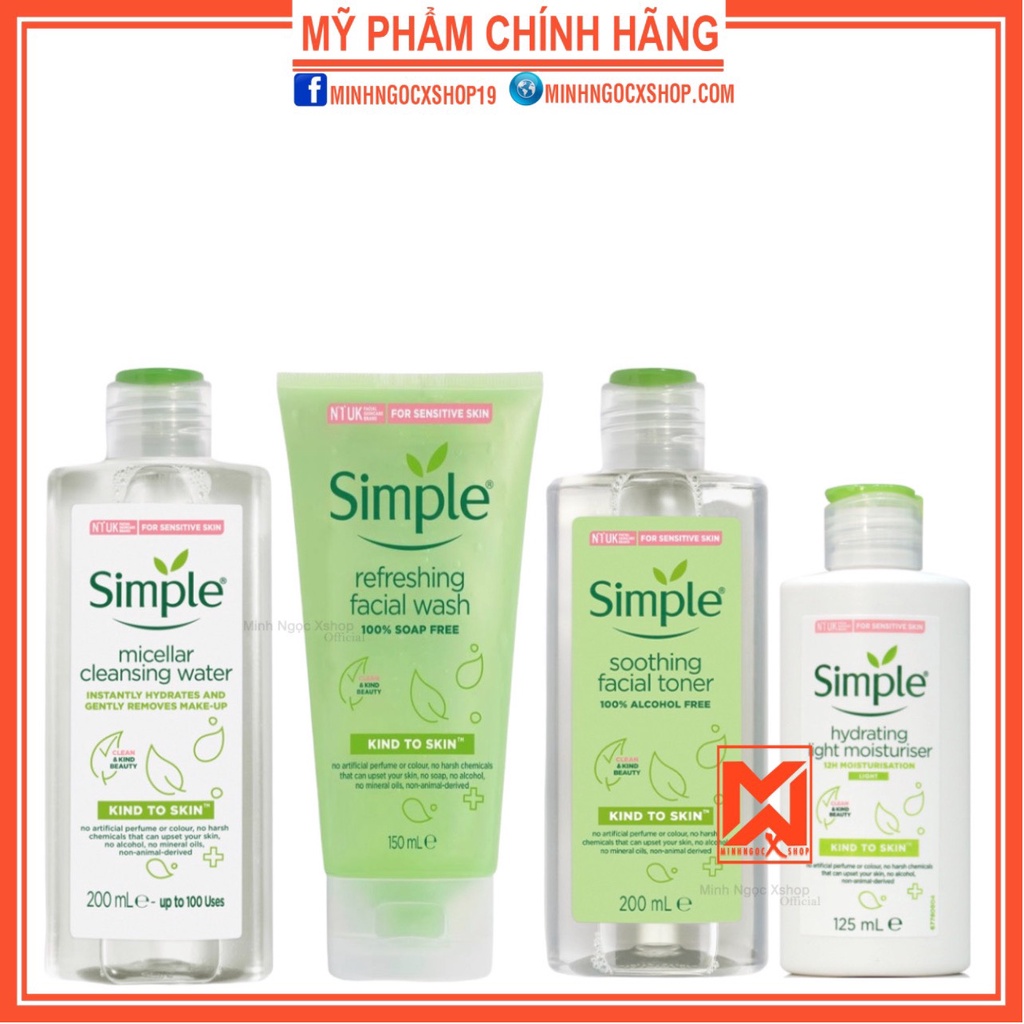 Bộ chăm sóc da cơ bản SIMPLE Nước Tẩy Trang 200ml + Sữa Rửa Mặt 150ml + Toner 200ml + Sữa dưỡng 125ml chính hãng