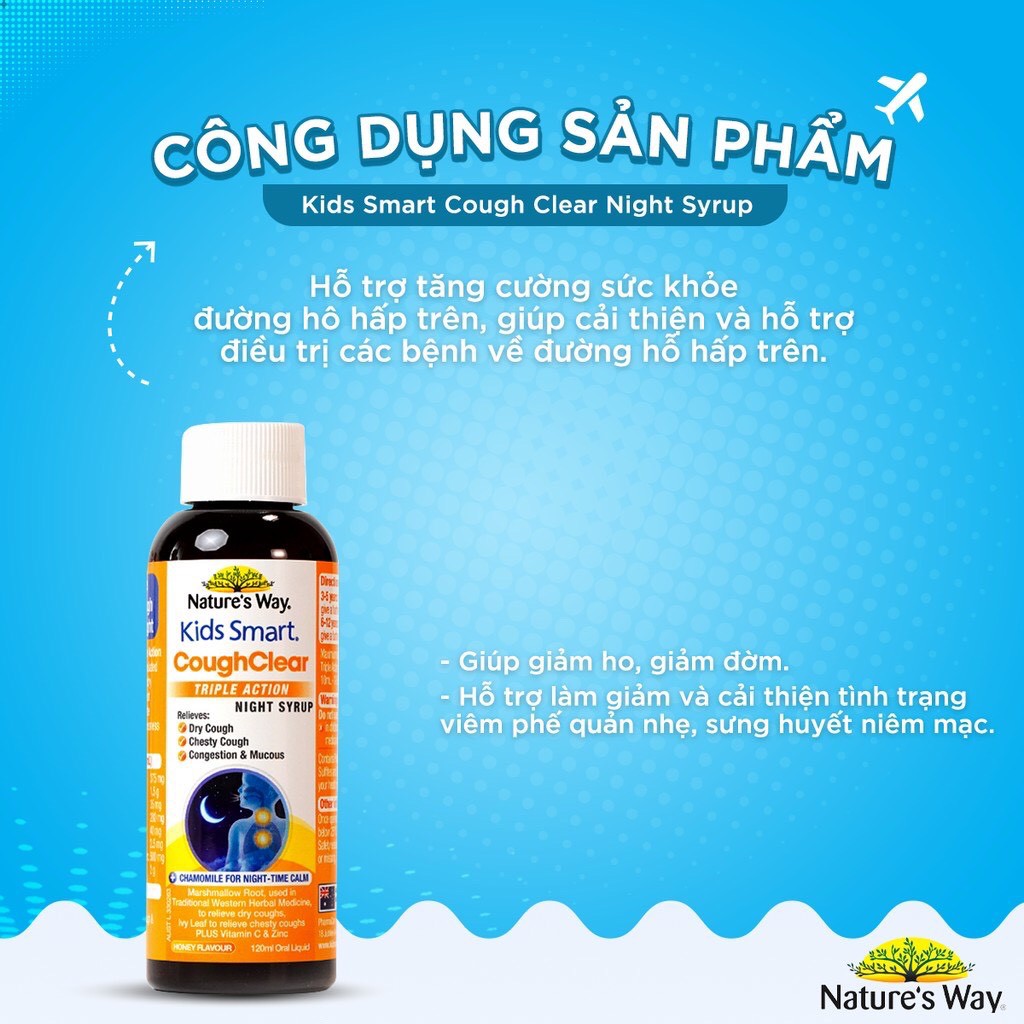 Siro Uống Giảm Ho, Long Đờm, ngủ ngon Tăng Cường Sức Khoẻ Hệ Hô Hấp Nature’s Way Kids Smart Cough night  chai 120ml