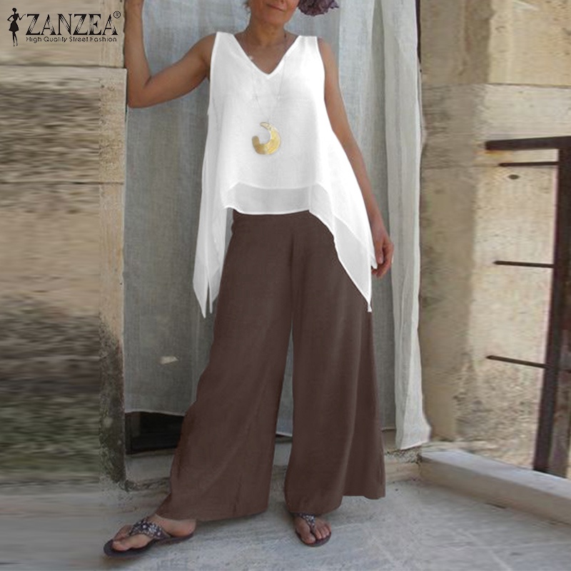 Set áo thun sát nách phối quần ống rộng ZANZEA thời trang cho nữ