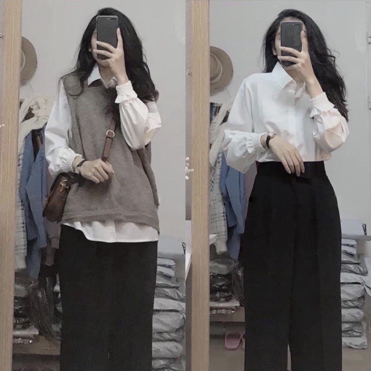 Áo sơ mi nữ dài tay trắng đi học, đi làm cổ bẻ form rộng vừa, bo nhún cổ tay vải lụa nội y xanh chất đẹp mầu trắng đen