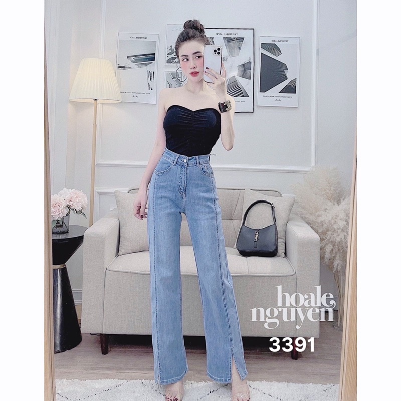 Quần bò ống rộng nữ đen cạp cao kiểu trích ly xẻ ống MS 3391