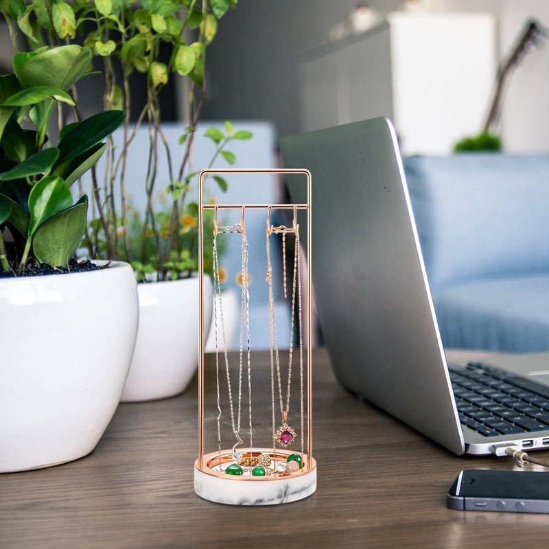 Jewelry Tree Stand for Marble Resin & Rose Gold Metal- Bracelet & Jewelry Organizer Display Tree Rack Ring Tray (Marble)