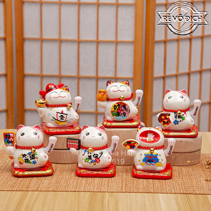 Mèo thần tài, mèo may mắn Maneki Neko vẫy tay năng lượng mặt trời 10cm-14cm