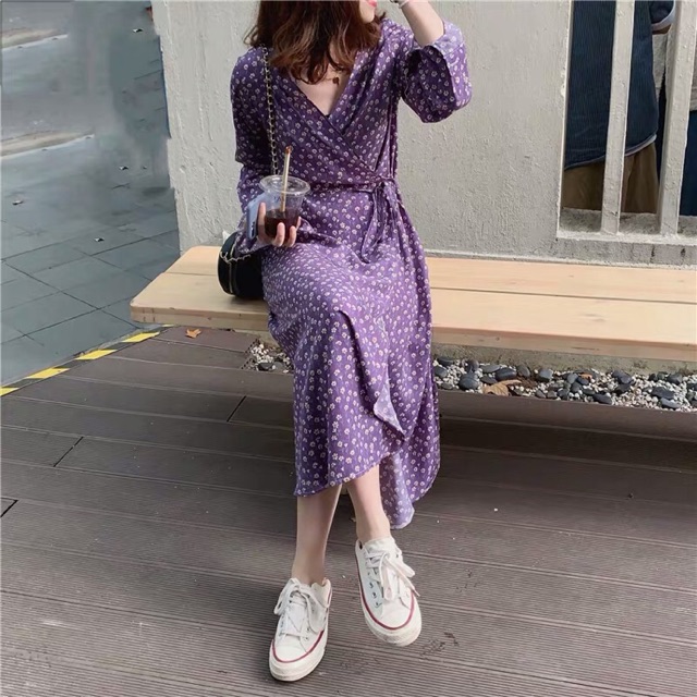 Váy hoa nhí tím dài dáng dài, ngắn tay, dài tay