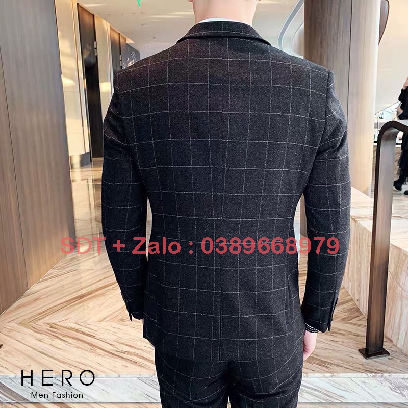 Bộ Vest Nam Cao Cấp Kẻ Caro Màu Đen, Bộ Suit Nam Hàn Quốc Kẻ Caro đen