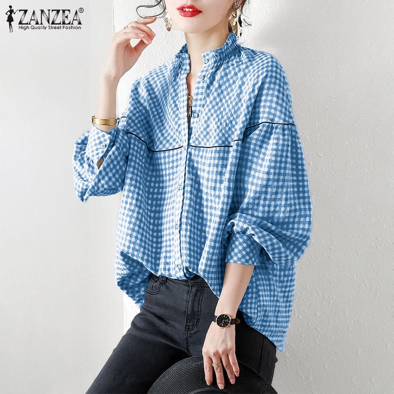 Áo kiểu ZANZEA cổ tròn dáng rộng in họa tiết sọc ca rô phối nút cài thời trang công sở dành cho nữ